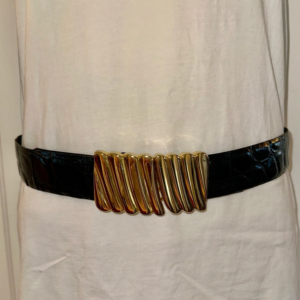 Vtg Lauren‎ Alexandra Black Embossed Crocodile Leather Belt with Gold Buckle